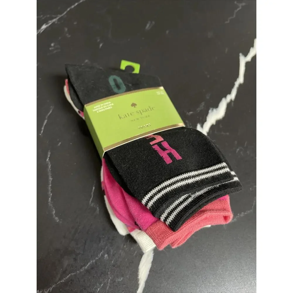 KATE SPADE Love Heart Trouser Socks Set 3 pair Crew Black Pink White NEW